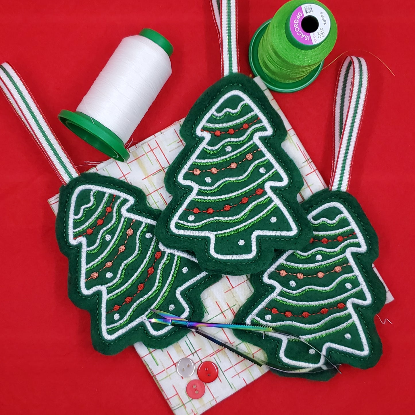 Embroidered Tree Christmas Ornament  (Set of 3)