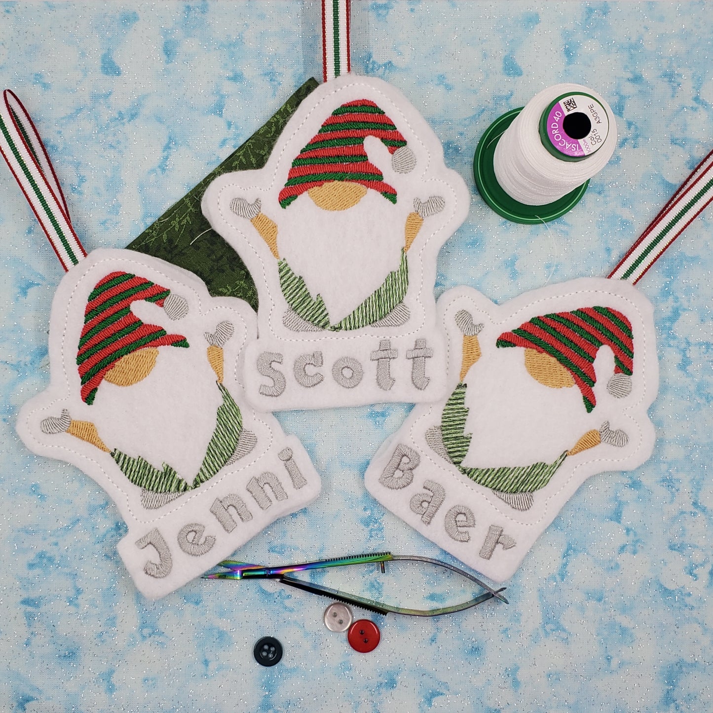 Embroidered Gnome Christmas Ornament  (Set of 3)